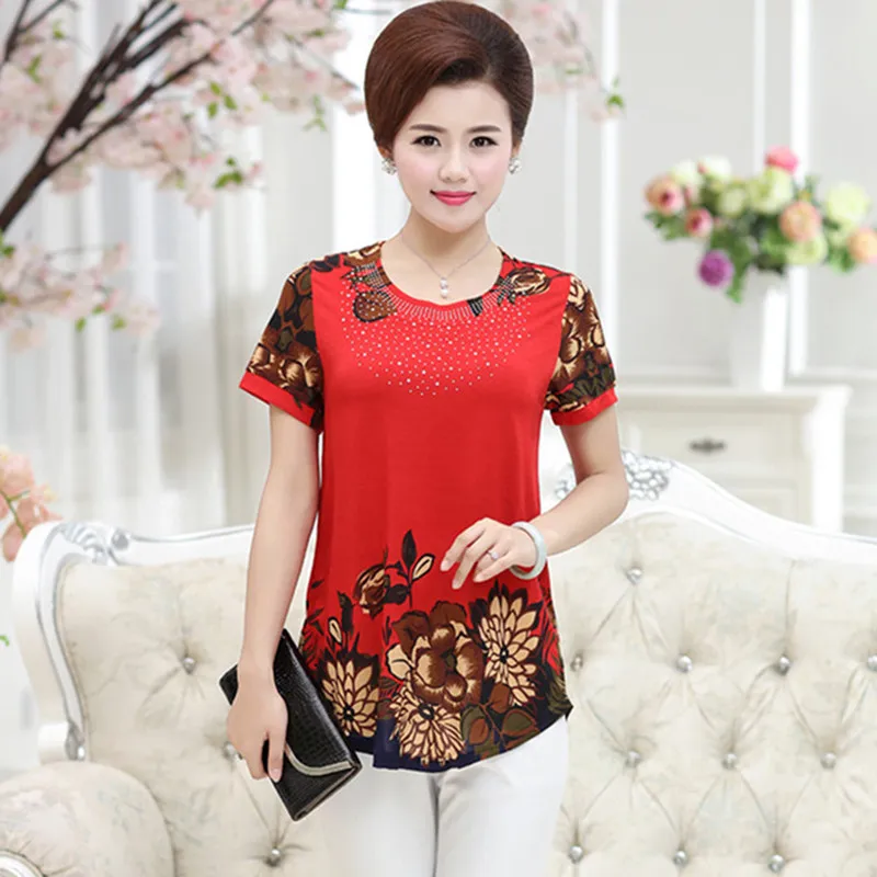 2019 Summer T-shirts Women Print O-neck Middle-aged Casual Loose T Shirt Vintage Clothes Short-sleeved Tops Tee Plus Size 4XL | Женская