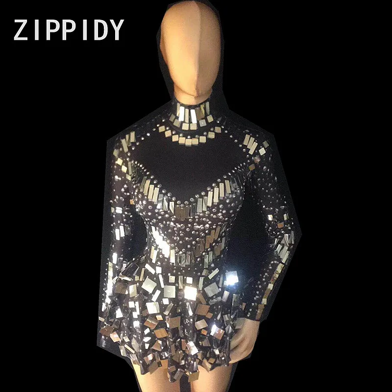 black dress Блестящее короткое платье с серебряными блестками и камнями, стразы, стрейч, Женский танцевальный костюм для ночного клуба, платье для вечеринки на день рождения - Цвет: black dress