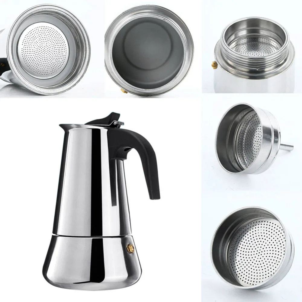Кофейник из нержавеющей стали, кофейник Mocha Moka, эспрессо, латте, плита, кофейник, фильтр, 100 мл, 200 мл, 300 мл, 450 мл, кофемашина