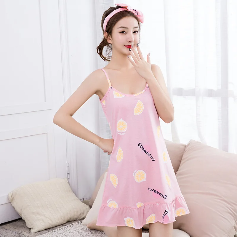 

Women Korean cute girl cotton spaghetti strap knee length nightdress summer pajamas ladies new nightdress sleepshirt night gown