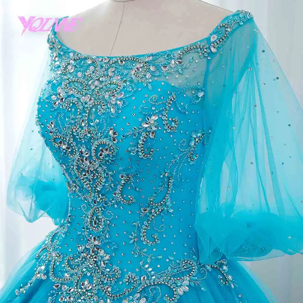 YQLNNE синий бальный наряд бальные платья Quinceanera кристаллами vestidos de 15 сладкий 16 платье; женская обувь на шнуровке с свободная Пышная юбка