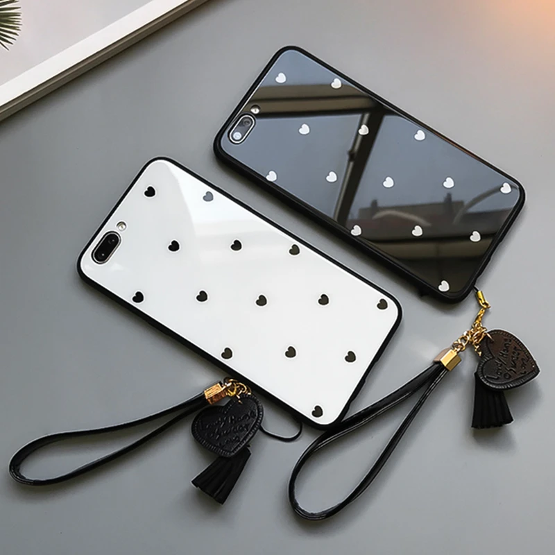 BONVAN чехлы на айфон X XR XS Max 7 case закаленное стекло Жесткий Сердце Любовь кисточкой ремешок крышка чехол на iPhone 6 6S 7 8 плюс чехлы для телефонов
