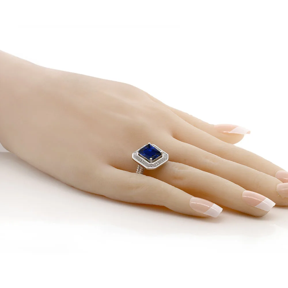 GemStoneKing 4 32 Ct потрясающее Изумрудное кольцо синий имитация сапфира Halo коктейльное