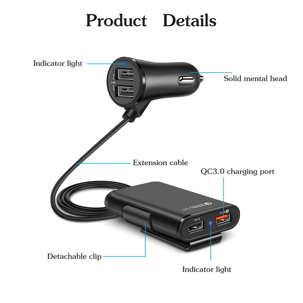 QC3.0 автомобильное зарядное устройство с четырьмя USB портами футов Удлинительный