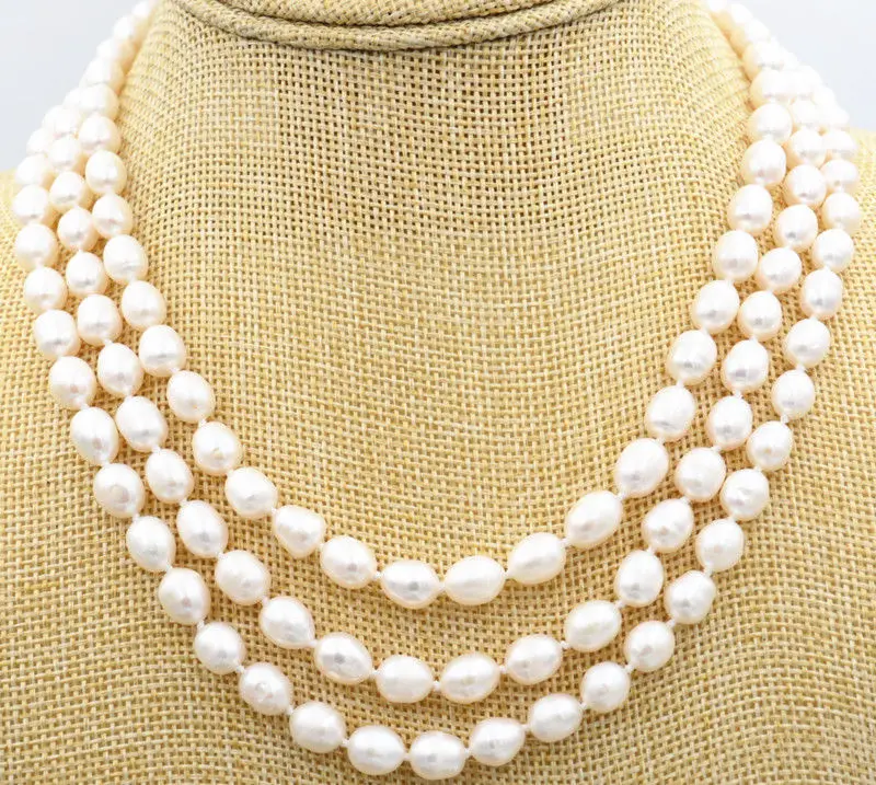 

Women Gift word Love 3row 8-9mm akoya Genuine natural white rice FW pearls necklace 17-19 WW #@ good women gift -jewelry