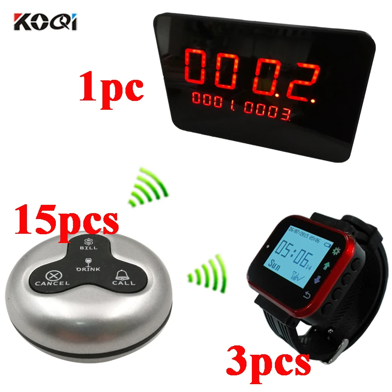 Ycall Wireless Calling System 1pc Display 3 pcs 433 MHZ Watch Pager 15 pcs Waterproof Call Button Restaurant Waiter Call Pager