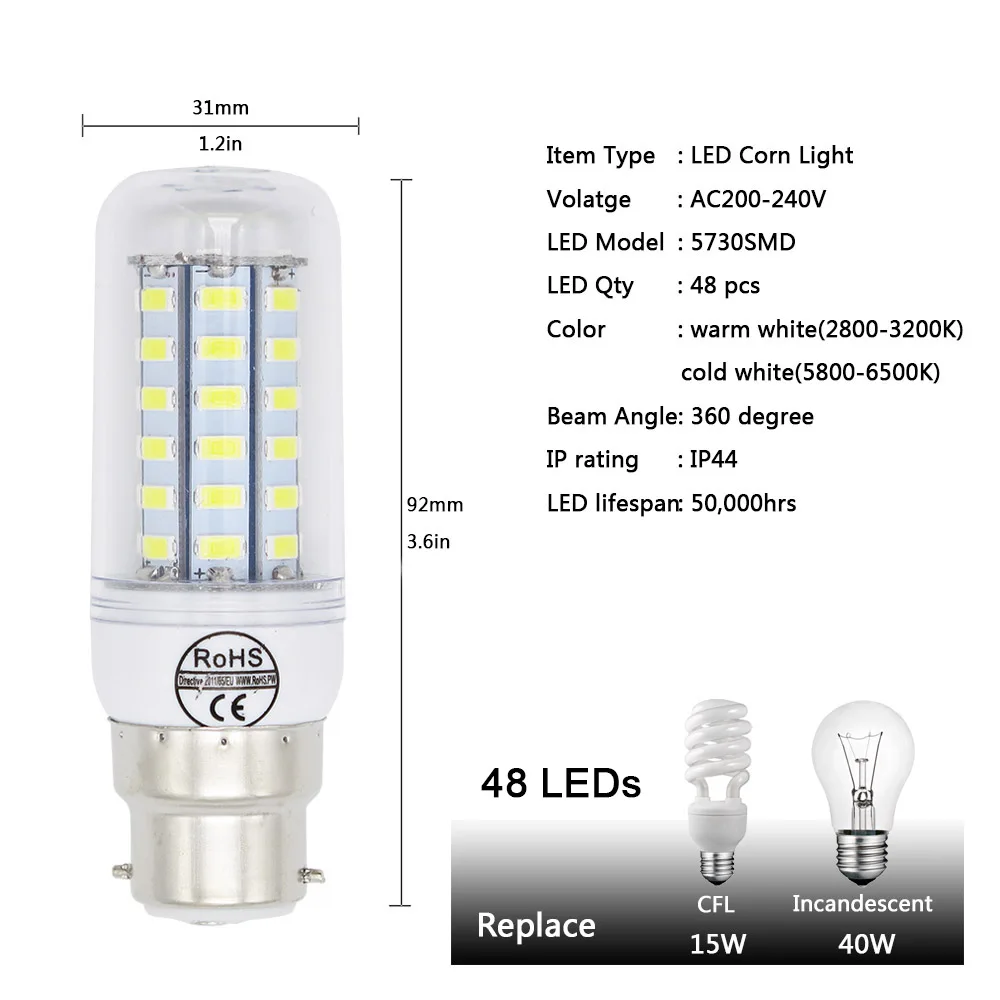 Светодиодная лампа b22 240 в 220 В 7 Вт 12 15 20 72x5730 SMD 30 холодный теплый белый