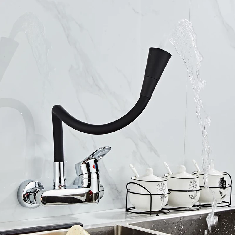 wall mounted kitchen faucet wall kitchen mixers kitchen sink tap 360 degree free swivel flexible hose double holes free global shipping