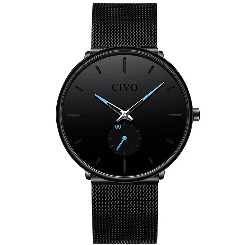 mesh black 0124 CIVO модные мужские часы кварцевые часы мужские водонепроницаемые минималистичные ультра тонкие наручные часы из нержавеющей стали с сеткой для мужчин подарок часы - Цвет: mesh black 0124