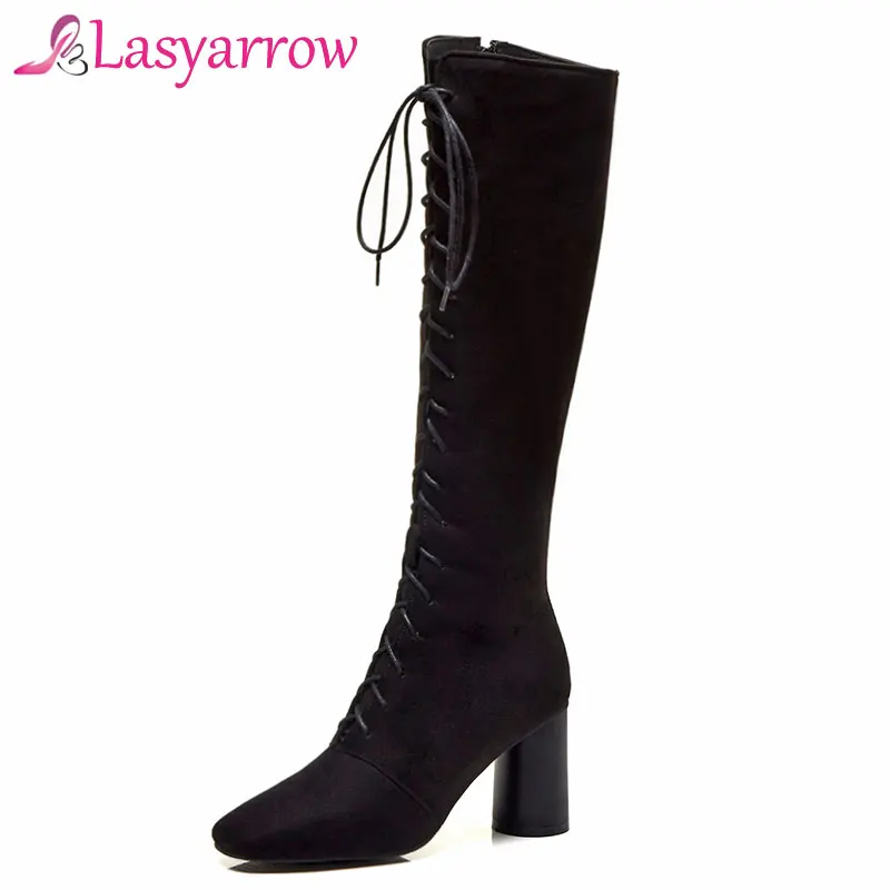 

Lasyarrow Knee High Motorcycle Boots Thick High Heels Square Toe Martin Boots Solid Black Ladies Footwear Zipper Lacing Botas