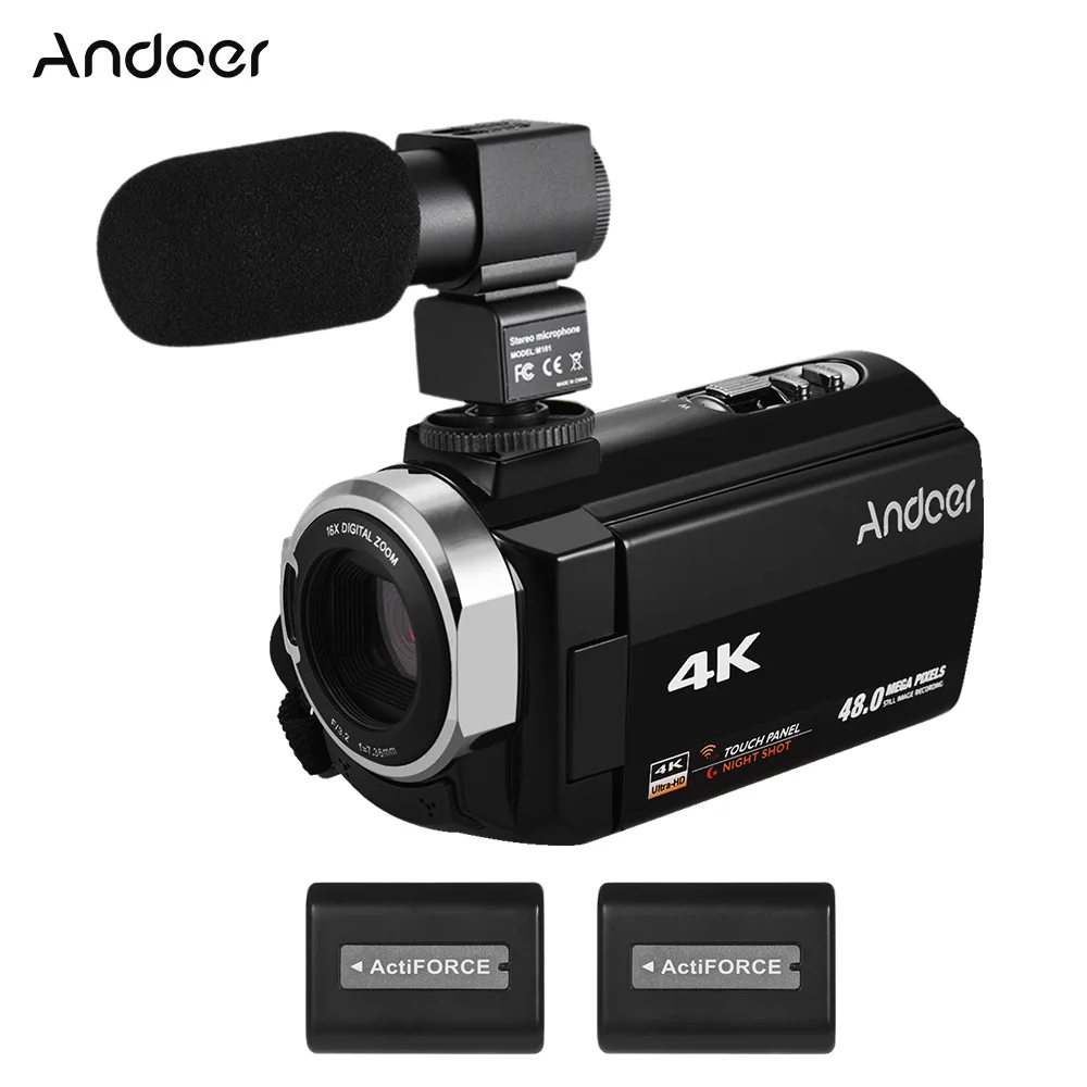 Andoer 4K HD Цифровая видеокамера DV сенсорный экран WiFi ИК Ночное Видение с 2 шт.