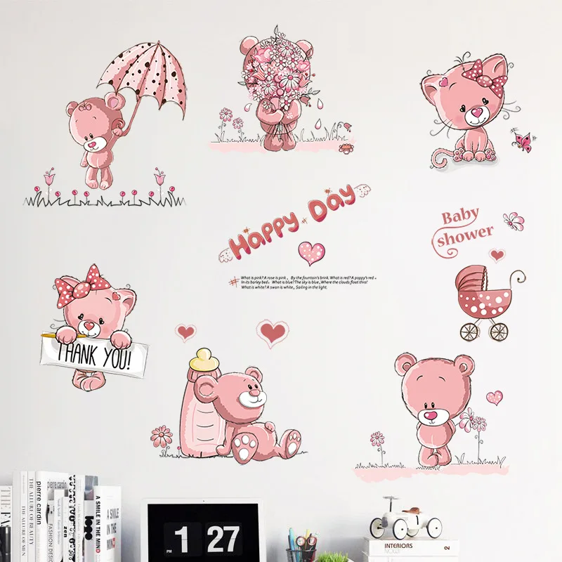 

Cartoon Animal Happy Pink Bears Wall Stickers for Kids Room Home Decor Waterproof Living Room Bedroom Removable Art Decals Mura