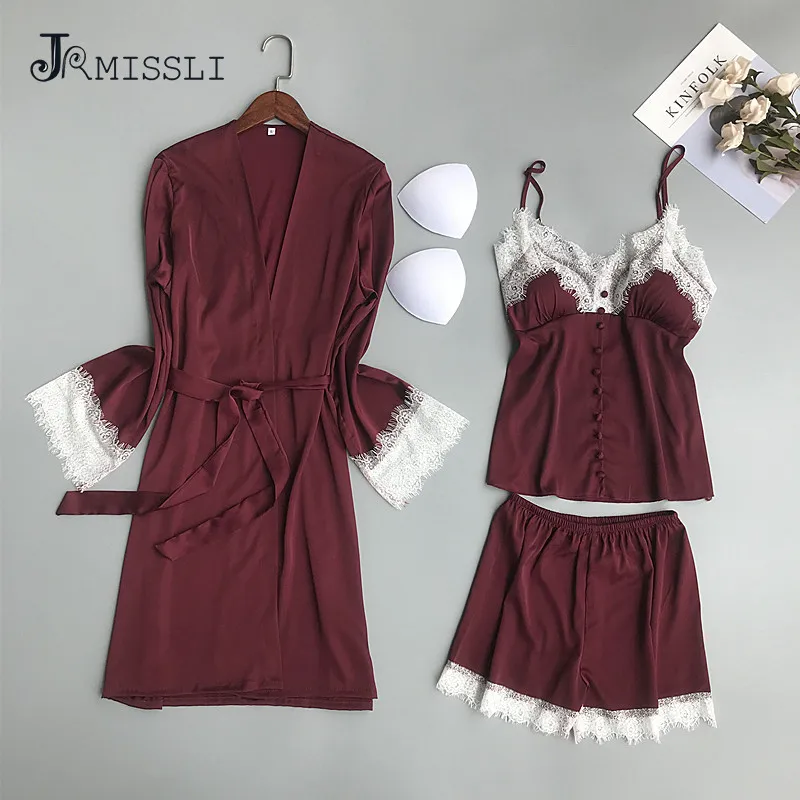 Однотонные сексуальные женские пижамные комплекты JRMISSLI 3 предмета атласная
