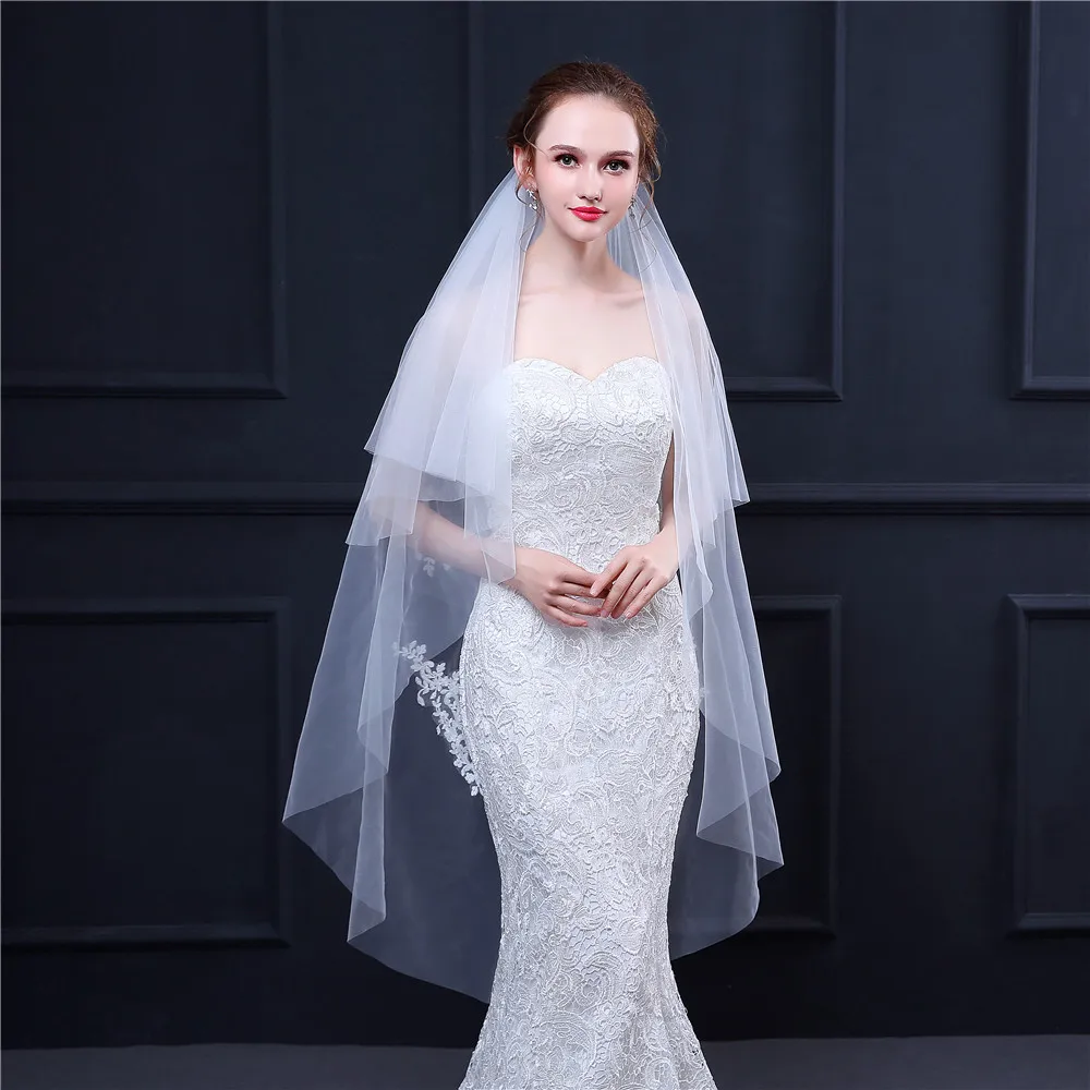 

Hot Sale Elegant Wedding Veil with blusher Bridal Veil for Wedding White Ivory two Layers Bridal Veils with lace appliques