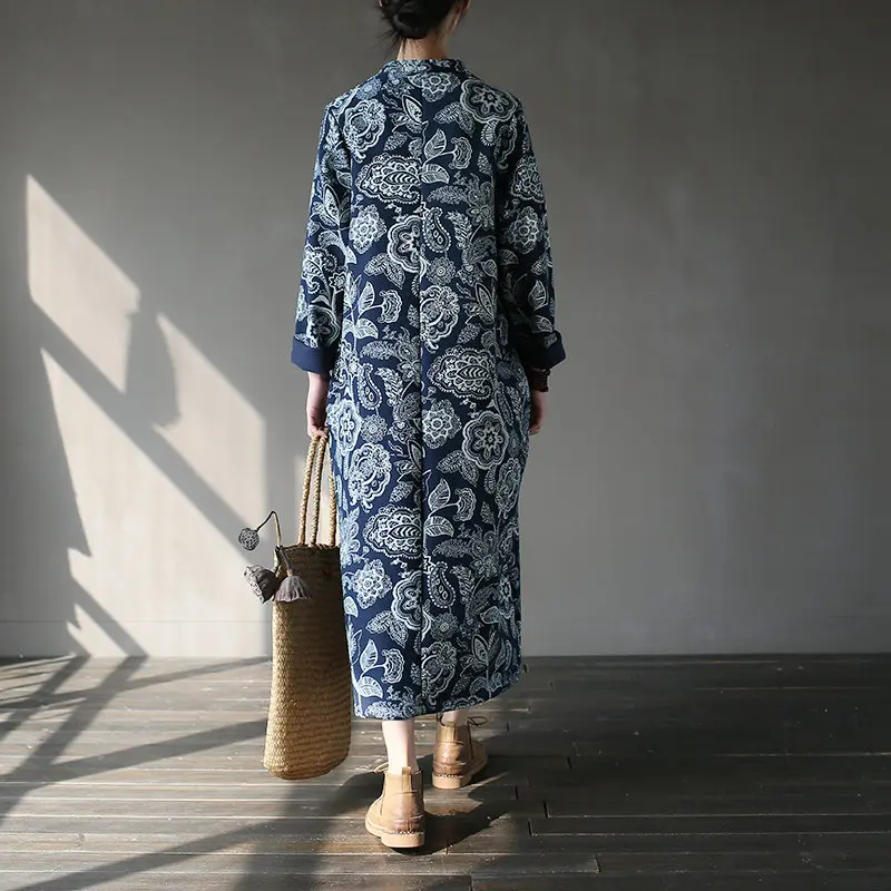 Женское винтажное платье в китайском стиле Cheongsam белого и синего цвета Осень зима