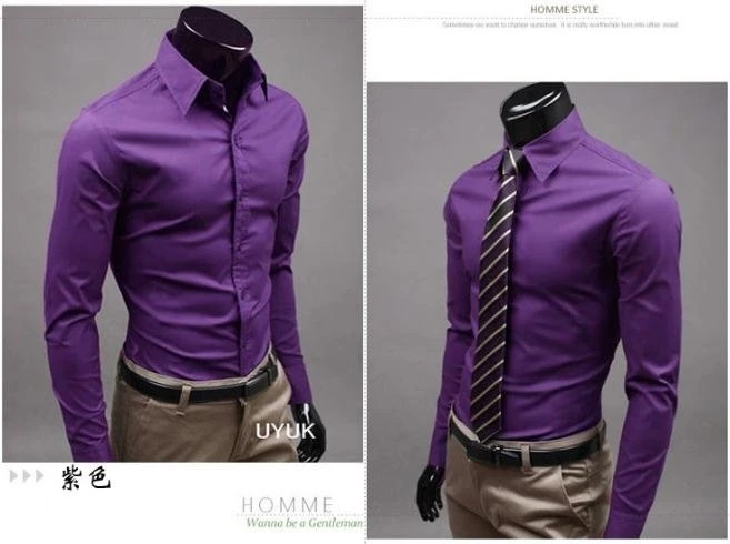 purple Мужские рубашки Стильные с длинным рукавом Chemise Homme Masculina 17 цветов Размер: M-XXXL Social Camisas Hombre Vestir Повседневная рубашка 1 - Цвет: purple
