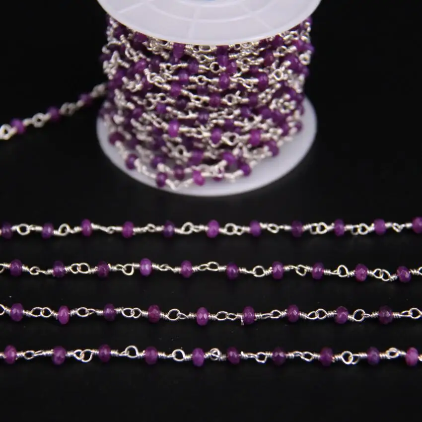 

5Meters,2x4mm Purple Malaysia Jades Faceted Rondelle Chain,Metal Silver Wire Wrapped Rosary Style Chain Charms Necklace