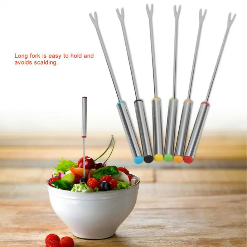 

Best 6 Pcs / Set Stainless Steel Chocolate Fork Hot Pot Forks Cheese Fruit Dessert Fork Fondue Melting Skewer Kitchen Tools