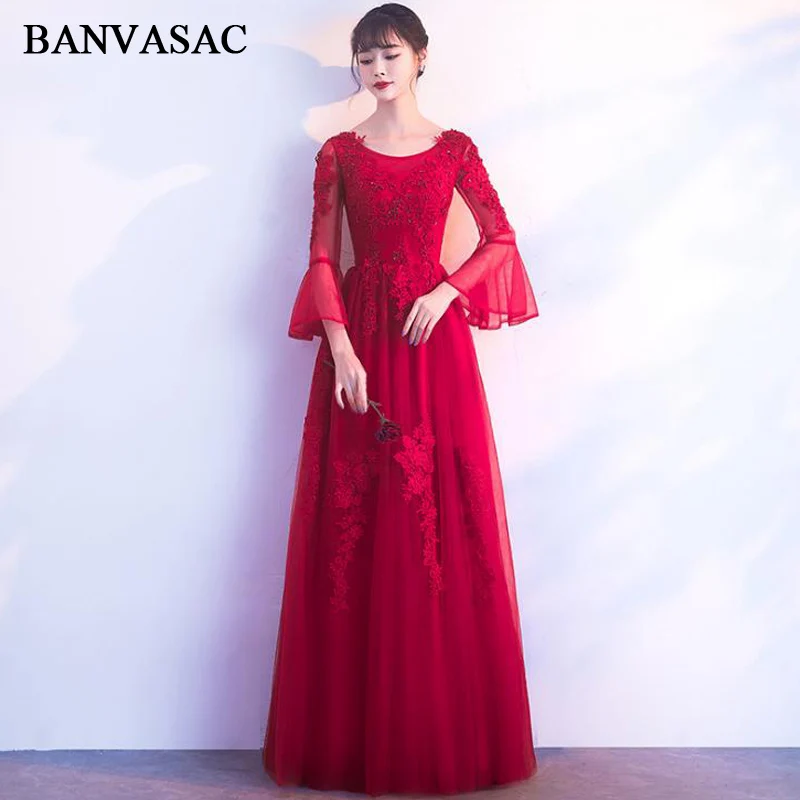 BANVASAC 2018 Длинные вечерние платья с круглым вырезом блестками и аппликацией