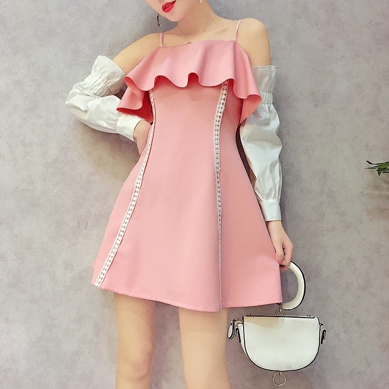 2018 Новый Для женщин Элегантный Весна summerruffles тонкий черный розовый платье без