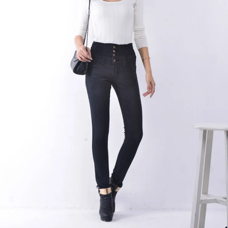 Высокая талия женские джинсы Полная длина мамы карандаш брюки широкие черные