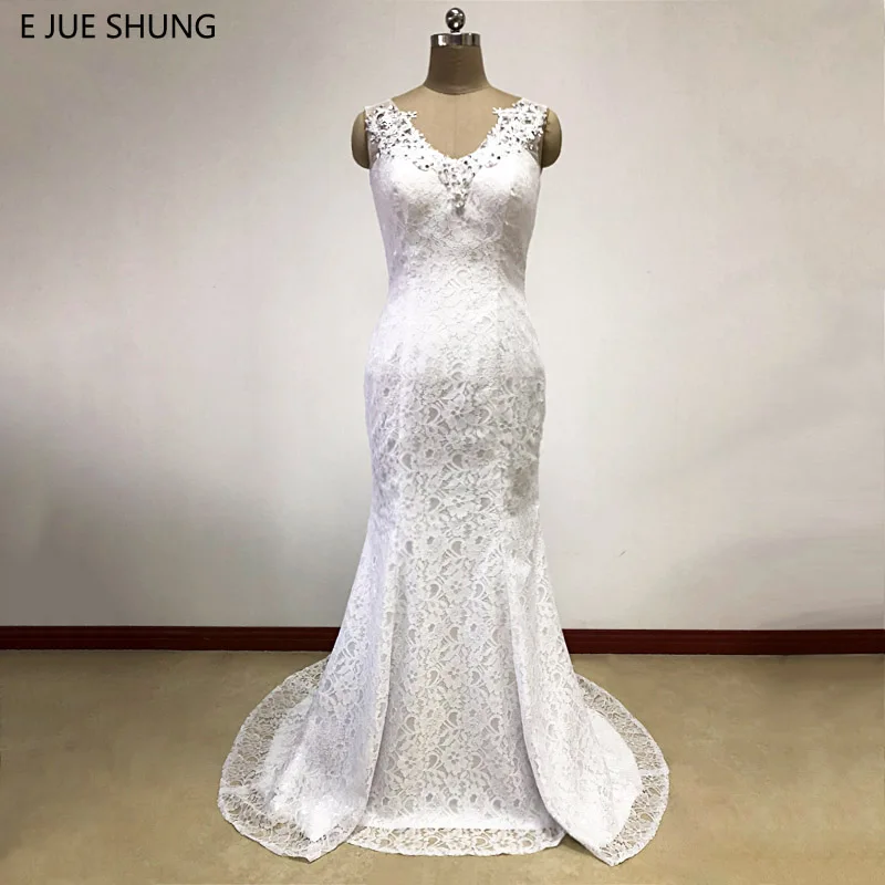 

E JUE SHUNG White Lace Mermaid Wedding Dresses 2018 V-neck Beading Appliques Real Photo Wedding Gowns robe de mariee brautkleid