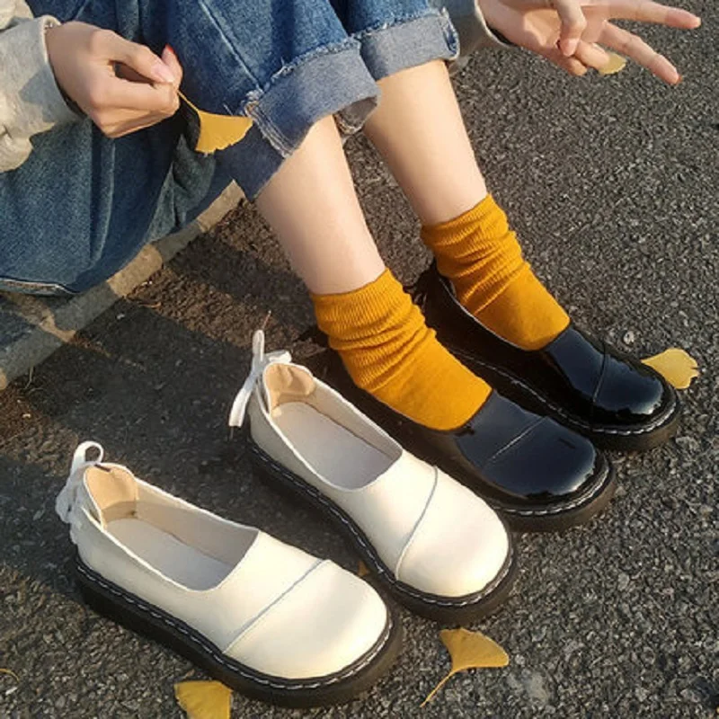 Женская обувь Новинка 2019 года стиль Harajuku ulzzang женские кожаные туфли с круглым