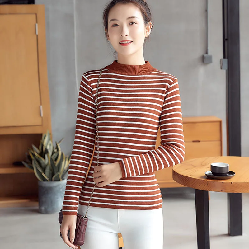 Striped Autumn Winter Pullover Sweater Women Warm Knitted Jumper High Elasticity Long Sleeves Femme Slim elegant Tops | Женская одежда