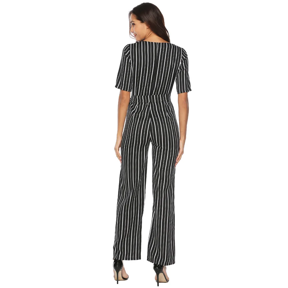 

Casual V-neck Short Sleeve Loose Rompers 2020 Summer Clothes Elegant Striped Sexy Jumpsuit Work Overalls Bodysuit Women QH179