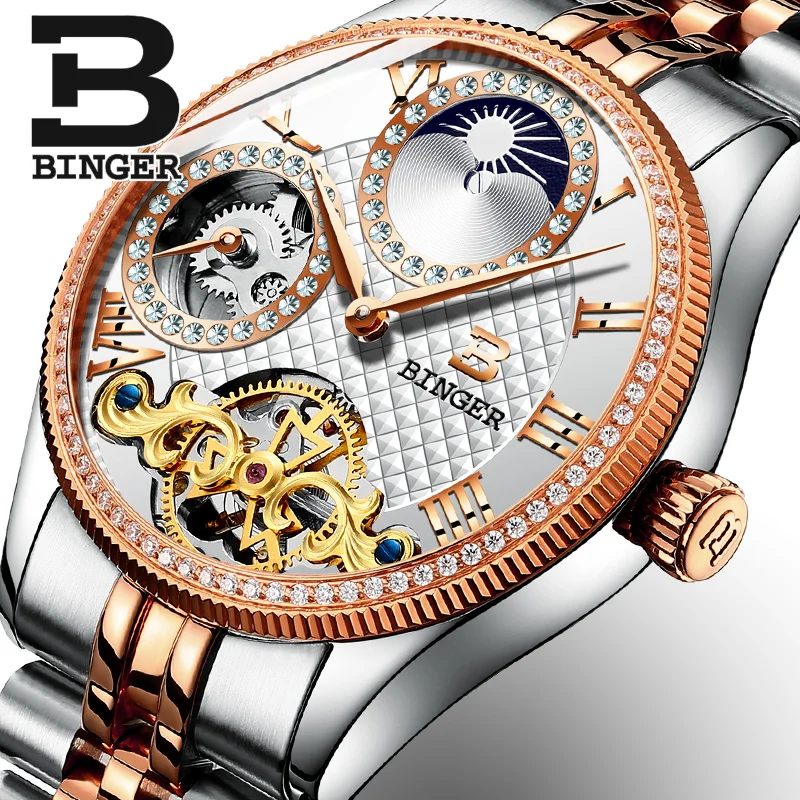 Luxury Rose Gold Men Tourbillon Watches Self Winding Mechanical Full Steel Watch Businessmen Crystal Wrist watch Moon Phase 3Bar | Наручные