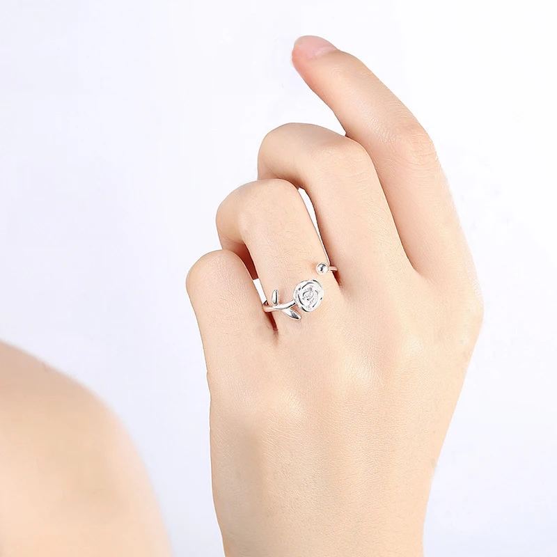

S925 Sterling Silver Rose Opening Ring Ladies Wedding Birthday Engagement Party Gift Jewelry Free Shipping
