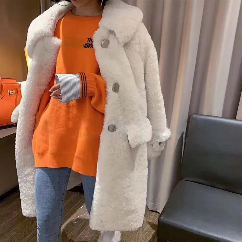 beige long fur coat Белая длинная плюшевая куртка, пальто для женщин, Зимняя мода, искусственный мех ягненка, пальто, толстое теплое однобортное пальто, женская длинная верхняя одежда - Цвет: beige long fur coat