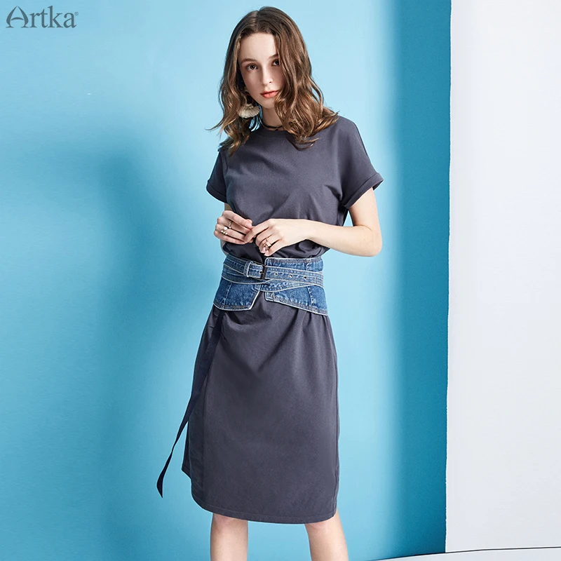Женское платье футболка со складками ARTKA голубое однотонное повседневное