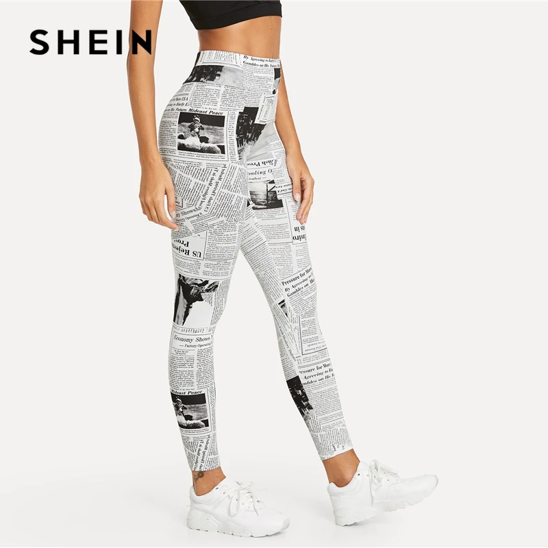 SHEIN Легинсы С Газетным Принтом, Стильные Спортивные Легинсы С Графическим Принтом
