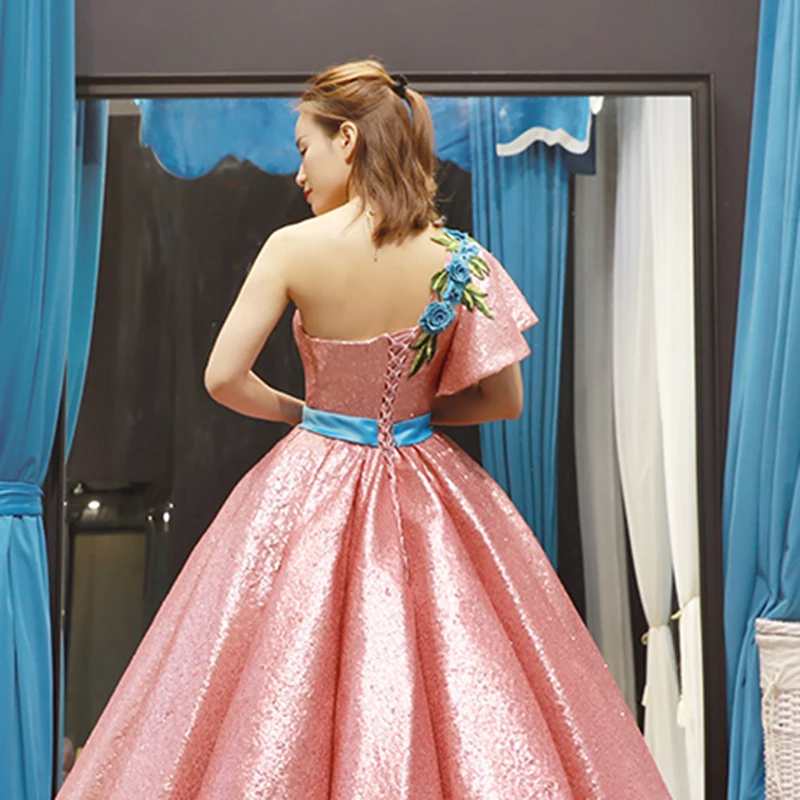 J66738 jancдекабря розовые платья Quinceanera 2020 на одно плечо с коротким рукавом