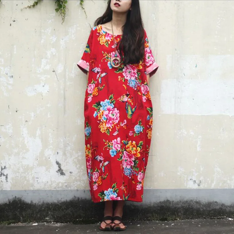 Women Summer Dress 2017 New Fashion Cotton Linen Vintage Flower Print Plus Size Loose | Женская одежда