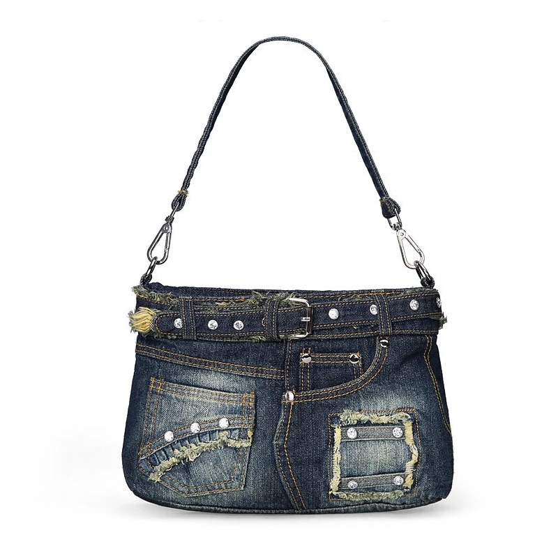 

WOONAM Women Fashion Creative Denim Jeans Canvas Patched Bag Crystal Rabbit Scarf Charm Shoulder Handbag Bag WB125