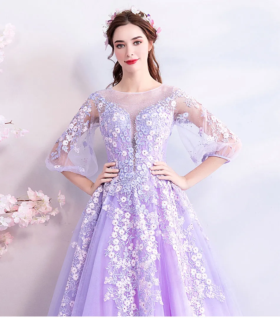 Женское вечернее платье SSYFashion фиолетовое до пола с коротким рукавом кружевной