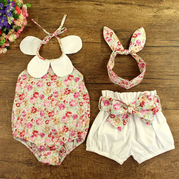 Комплект Одежды младенца 3-части Летних Девочек Хлопок Цветок Печатных Рябить