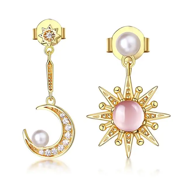 rose quartz ALLNOEL, 925 пробы, серебряные, звезды, асимметричные в форме Луны, серьги для женщин, натуральный драгоценный камень, розовая роза, кварц, голубой топаз, белое золото, подарок - Цвет камня: rose quartz