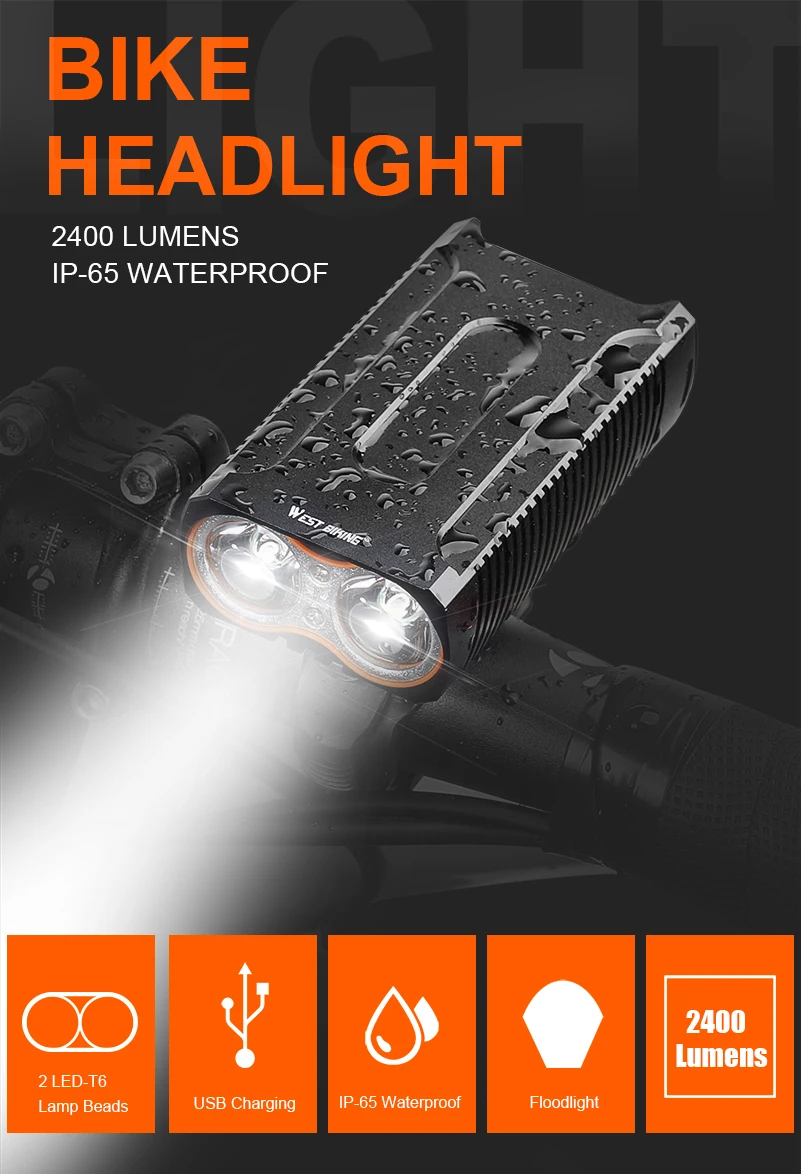 WEST BIKING водонепроницаемые велосипедные огни MAX 2400LM usb зарядка 2 T6 светодиодный велосипедный головной светильник передняя лампа+ Бесплатный задний светильник велосипедный светильник
