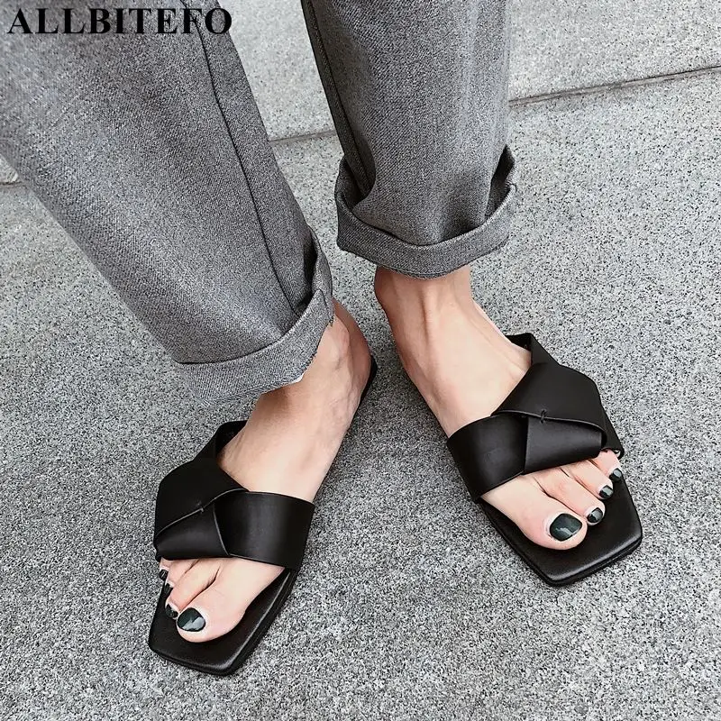 

ALLBITEFO fashion brand genuine leather women shoes high quality low-heeled comfortable summer women slipper women heels