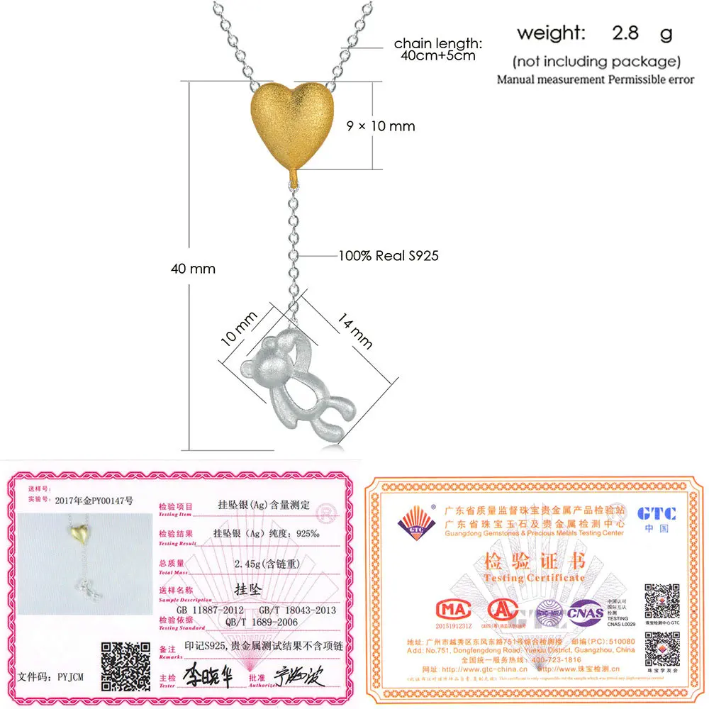 LAMOON 2017 New WireDrawing Love Heart &amp Little Bear Pendant Necklace 925-Sterling-Silver 2 Colors Jewellery for Women NY011 | Украшения