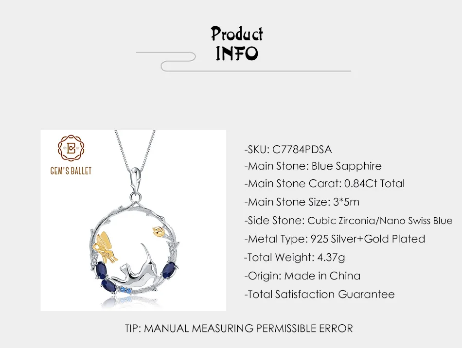 GEM'S балет 0.84Ct Натуральный Синий сапфир 925 пробы серебро ручной работы кошка& бабочка кулон ожерелье ювелирные украшения для женщин