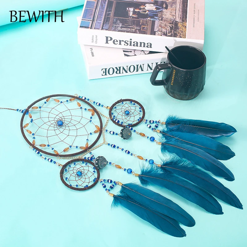 BEWITH 3 кольца Ловец снов с голубым пером Бар &amp домашний настенный подвесной кулон
