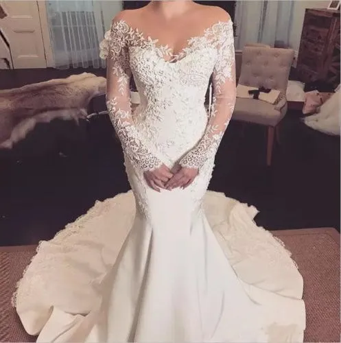 

Vintage Mermaid Long Sleeve V-neck Lace Beading Sexy Bride Wedding Dresses New Fashion Wedding Gowns Custom Made