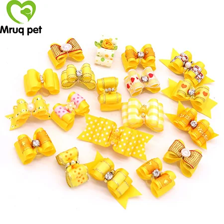 Yellow 20 шт. милые банты для собак, стразы и цветы, ленты, банты для собак, аксессуары для волос, товары для собак - Цвет: Yellow