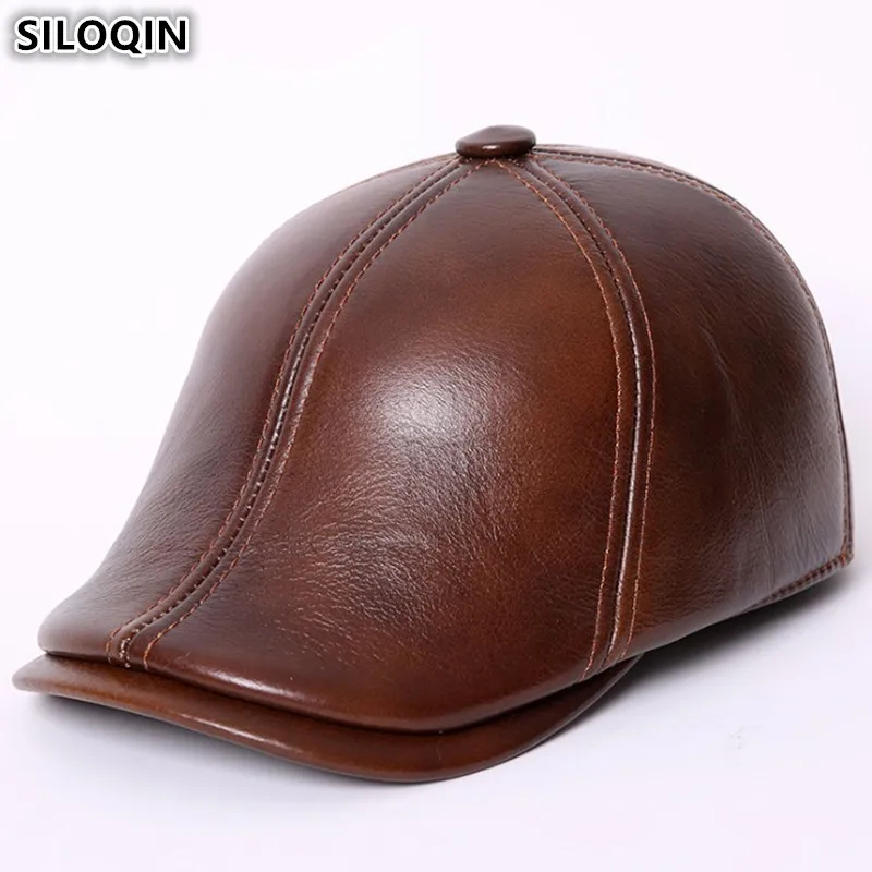 SILOQIN New Winter Men's Genuine Leather Berets Hat Cowhide Warm Velvet Earmuffs Hats For Middle-aged Men Sombrero De Cuero