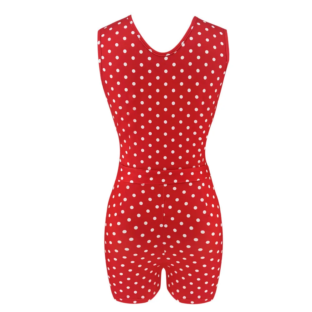 

New Women Sexy Red Dot Jumpsuit For Summer 2019 With Sashes Package Hip Deep V-Neck Sleeveless Shorts Female New Sexy Jumpsuits