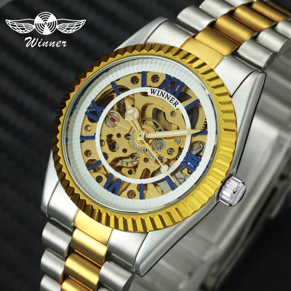 

WINNER Official Brand Luxury Auto Mechanical Watch Men Stainless Steel Strap Blue Roman Numeral Skeleton Dial Dress Wristwatch